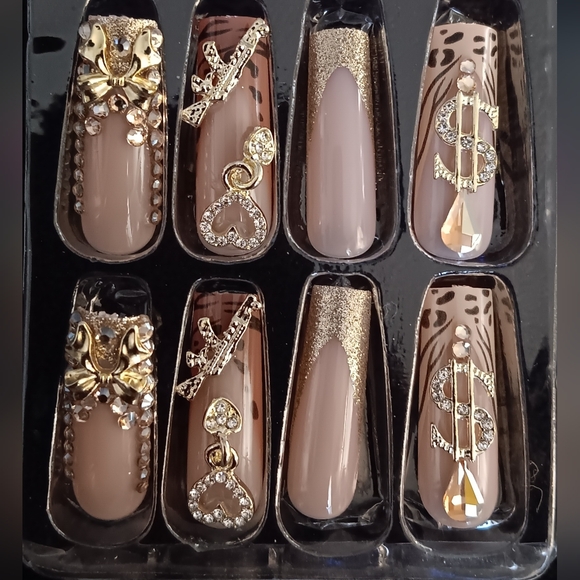 Women's Gold and Brown Animal Print Press-On Long Nails New - Picture 3 of 4